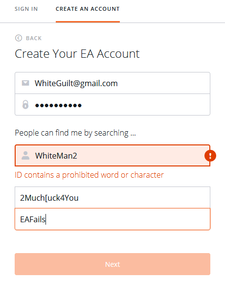 EA запрещает использовать словосочетание "белый человек" при подборе ника в Origin